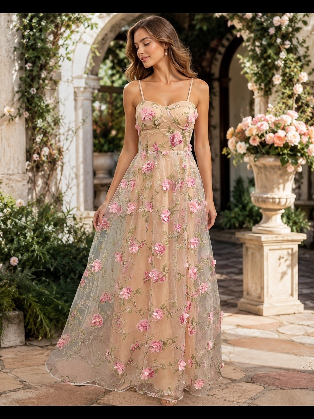 L’ATISTE by Amy Blush Pink 3D Floral Appliqué Maxi Dress Size L
